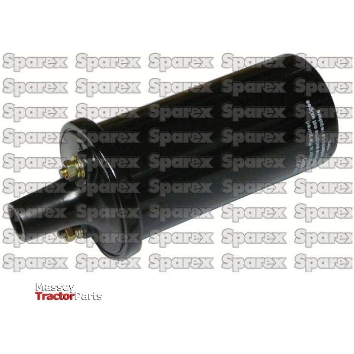 A black cylindrical part labeled "Massey Tractor Parts" with two connectors at one end, set against a background with the Sparex logo repeated multiple times. Suitable for Ford/New Holland models and operates at 12V. It is available as Ignition Coil 12V | Sparex Part No.S.61016 by Sparex.