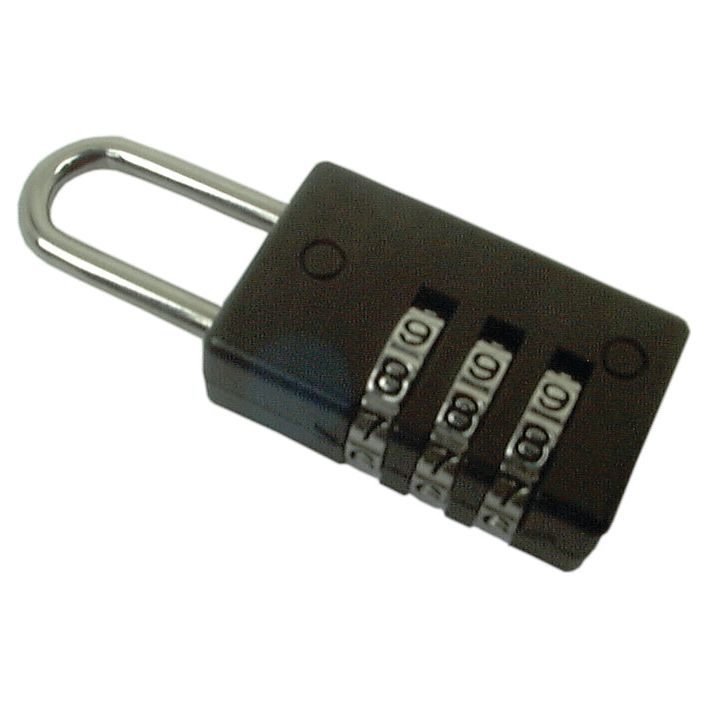 The Sparex Combination Padlock - Metal - S.20771 is a black padlock with a metal body, three rotating dials displaying the code "000," and a hardened shackle for enhanced security.