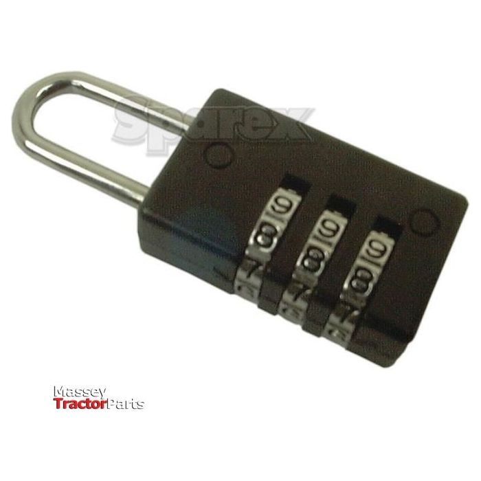 The Combination Padlock - Metal - S.20771 by Sparex is a black padlock featuring three rotating dials numbered 0-9 and a hardened shackle in the closed position. In the background, faint logos for Sparex and Massey Tractor Parts can be seen.
