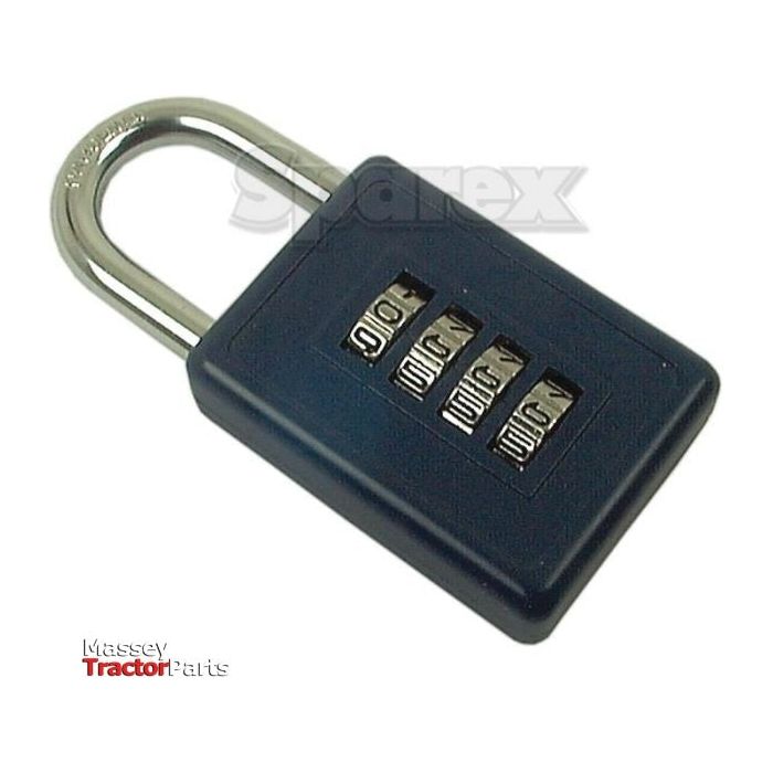 A Sparex Combination Padlock - Metal - S.20772 in black, featuring four rotating dials displaying the word "SAFE" and a hardened shackle, with the text "Massey Tractor Parts" visible in the bottom left corner.