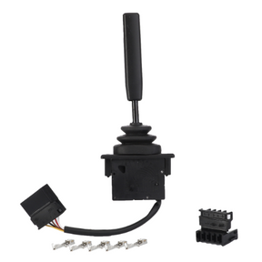 A black AGCO joystick control assembly with wiring harness and connectors, compatible with Massey Ferguson tractors, model ACP0146960 - Commutator Switch, placed on a white background.
