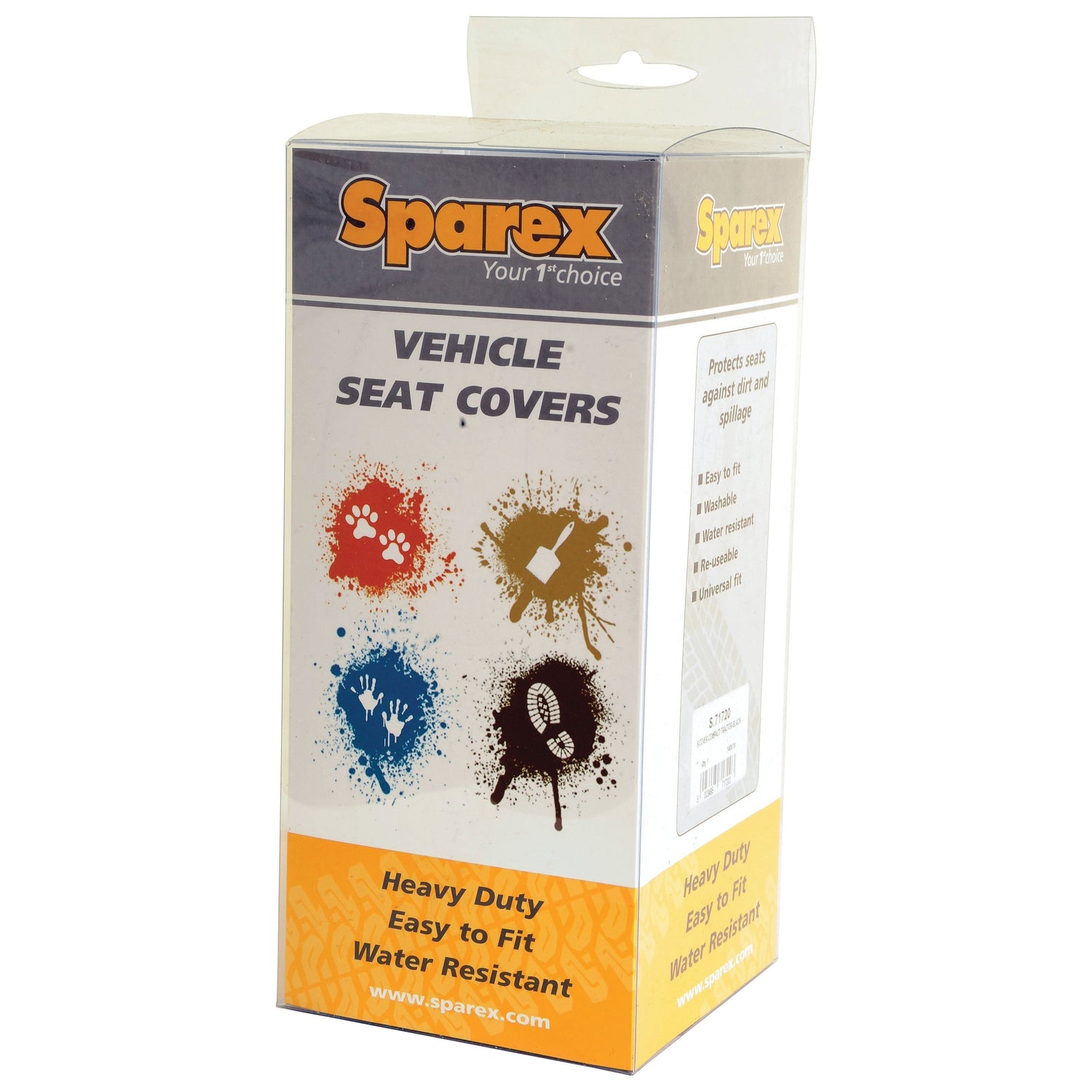 Box of Sparex heavy-duty, easy-to-fit, washable Compact Tractor Seat Covers featuring paw print designs in blue, red, black, and brown. Suitable for compact tractor seats as well. (Sparex Part No.S.71720)