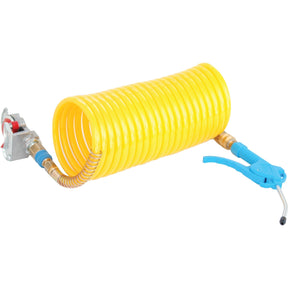 Image of the Sparex Complete Air Line with Blow Gun (S.149144) featuring a 7.5 meter coiled yellow air hose connected to a metal connector on one end and a blue air blow gun on the other, ideal for trailer air brake coupling.