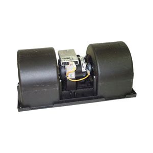 A Complete Assembly Blower Motor (S.106811) by Sparex, compatible with Massey Ferguson, featuring a dual blower fan assembly with a central motor and mounted on a black base.
