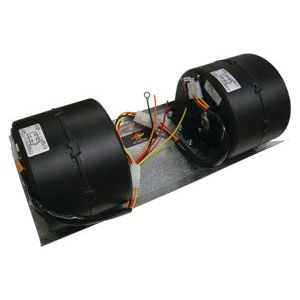 The Sparex Complete Assembly Blower Motor - S.106819 features a dual blower motor assembly with connected wiring, mounted on a metal base. It is ideal as a replacement motor for Ford / New Holland models.