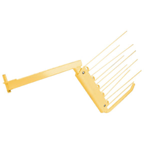 A yellow wall-mounted fork rack with several angled prongs for hanging items, designed to be adjustable, is the perfect addition to any garage or workshop. This versatile Sparex Complete Deflector Gate RH (New style), model TH00208 (Sparex Part No. S.77930), ensures you have a reliable storage solution at your convenience.