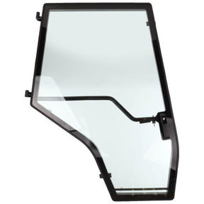 A transparent, irregularly shaped glass panel with a black frame and a small metal hinge on one side, reminiscent of the robust design found in the Massey Ferguson - Complete Door R/H - 3907224M91 - ACP0348530 by AGCO.