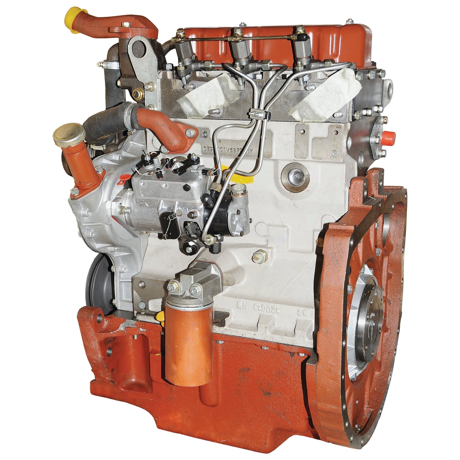 Check out the isolated image of the Sparex Complete Engine: AD3.152 (Lip Seal) - S.44103, featuring a red base, grey and silver components, multiple hoses and wires, and an integrated fuel injection pump.