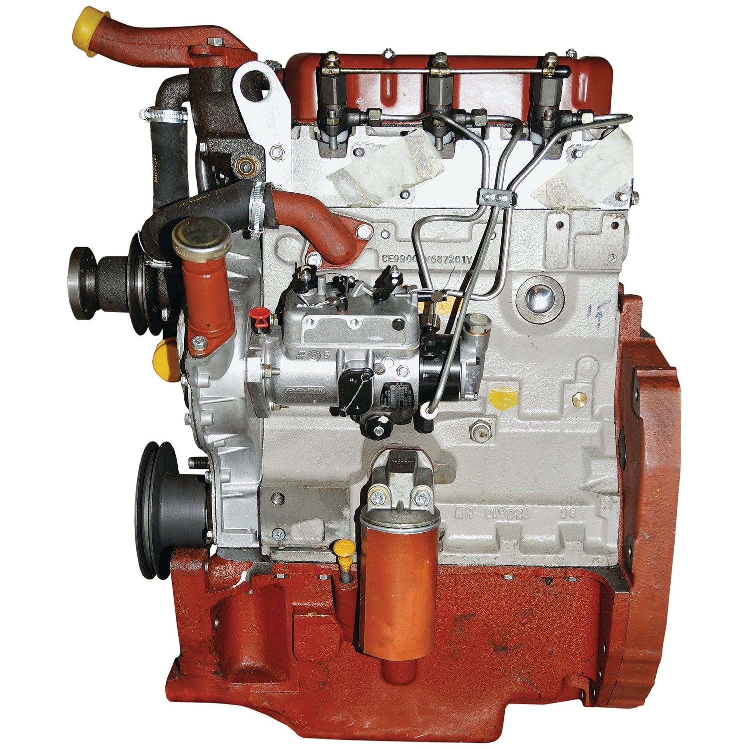 The Complete Engine: AD3.152 (Lip Seal) - S.44103 by Sparex features a visible fuel injection system, multiple hoses, and a red base. The exposed engine components, including the water pump, showcase its intricate design and mechanical parts.