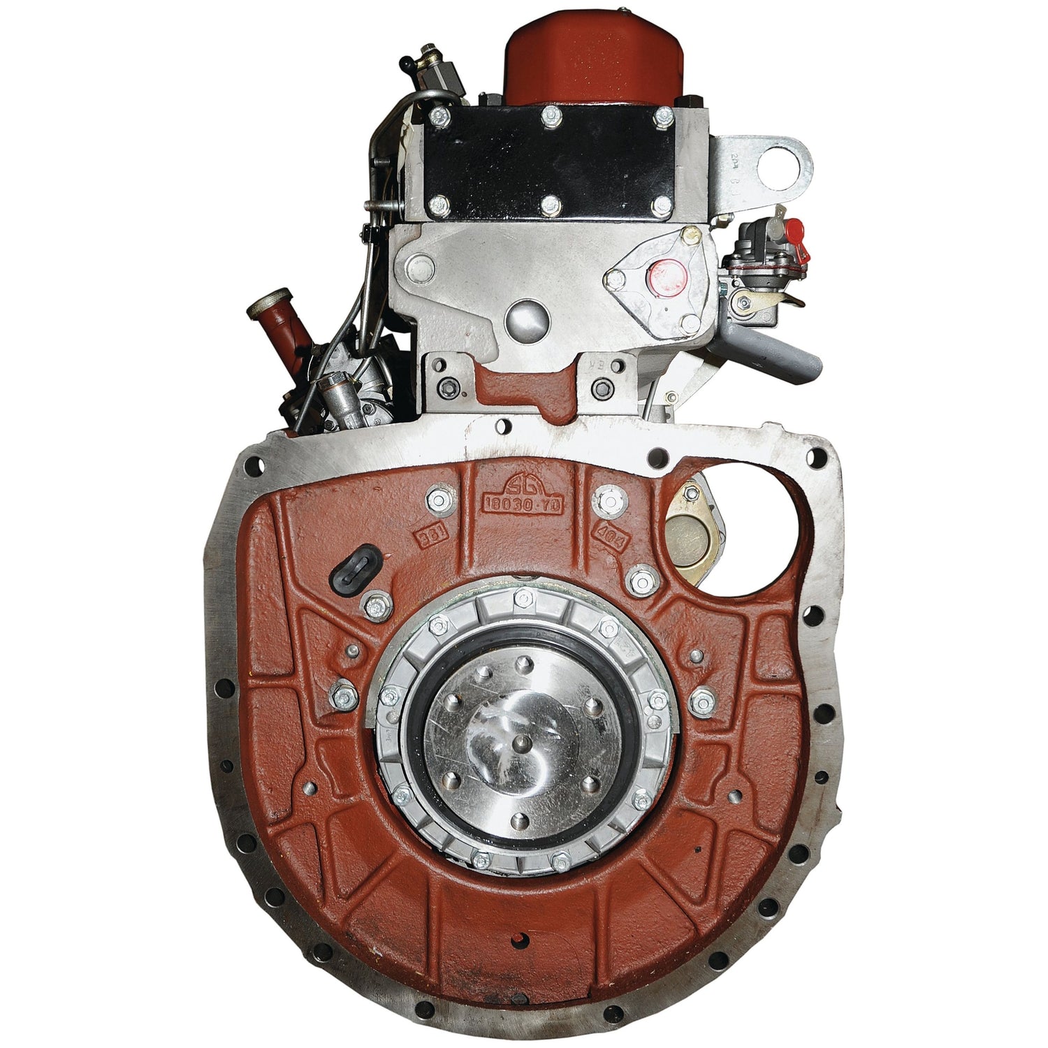 A close-up view of the Complete Engine: AD3.152 (Lip Seal) - S.44103 by Sparex showcases a metallic and red casing, featuring various bolts, connectors, and a large circular central part. The intricate design highlights the integration of the fuel injection pump within the assembly.