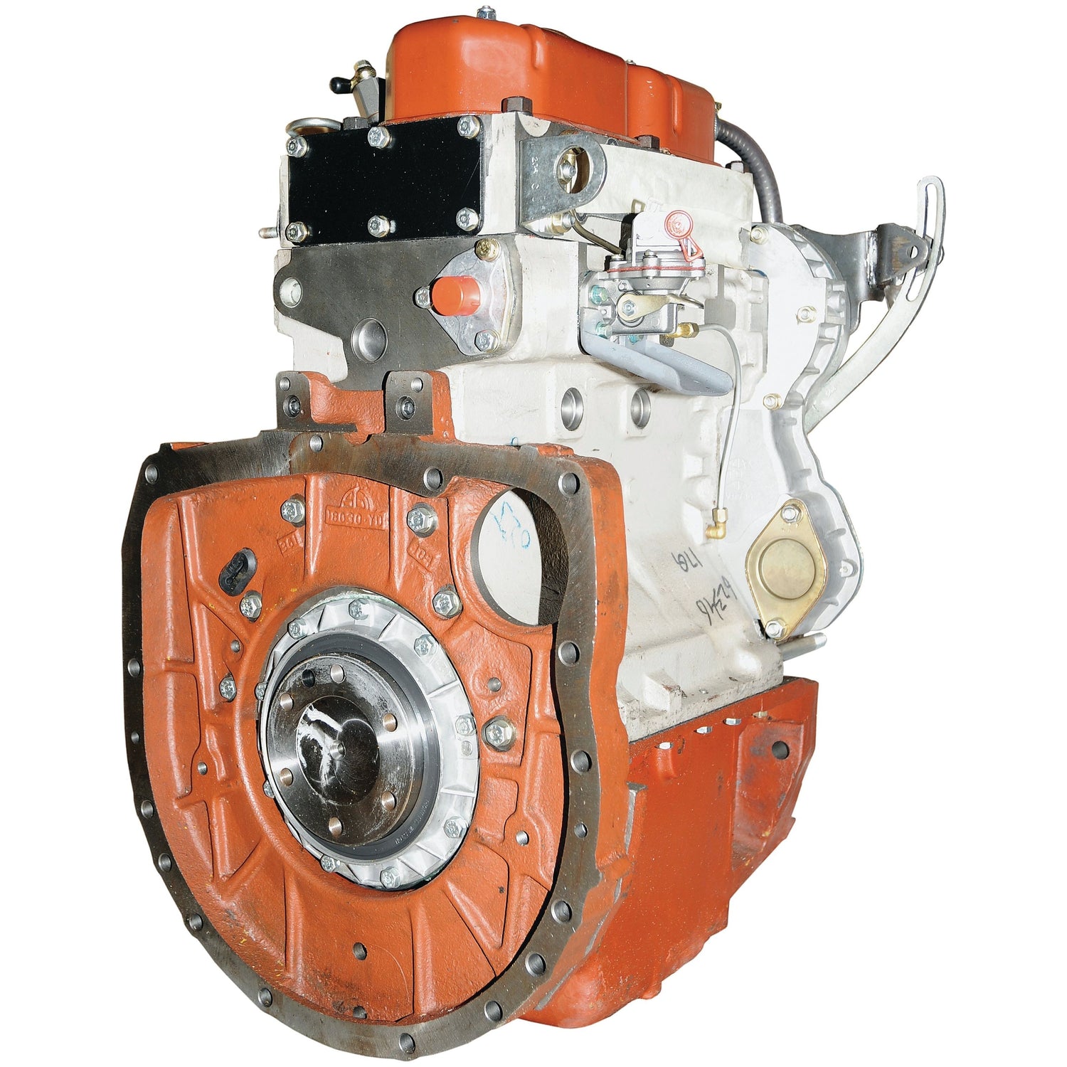 A heavy-duty industrial engine, the Complete Engine: AD3.152 (Lip Seal) - S.44103 by Sparex, features an orange and silver casing with visible components, bolts, and a fuel injection pump on the exterior. The engine is set against a plain white background.