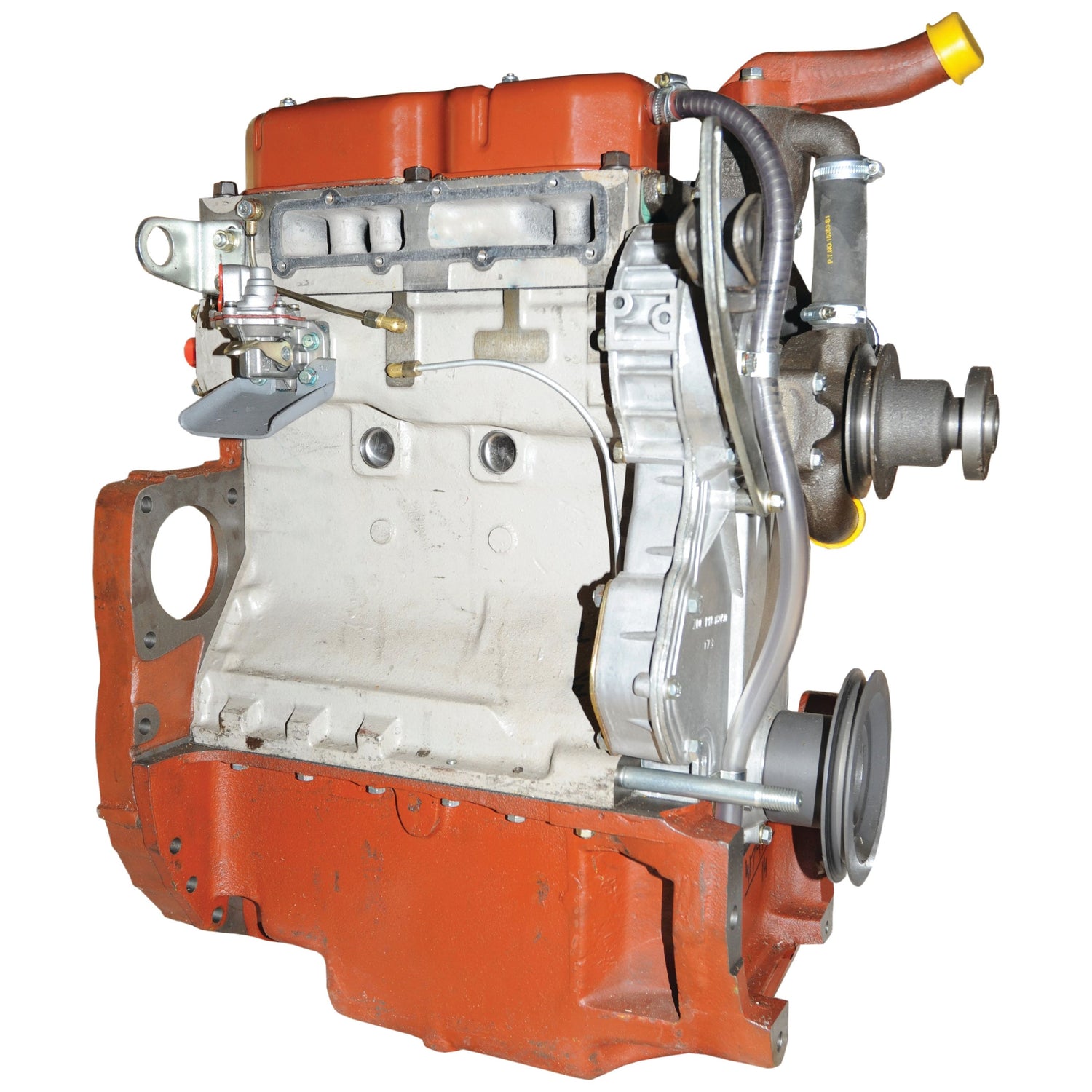 Introducing the Sparex Complete Engine: AD3.152 (Lip Seal) - S.44103, a red and silver internal combustion engine that showcases a visible fuel injection pump, pulley system, hoses, and metallic housing.