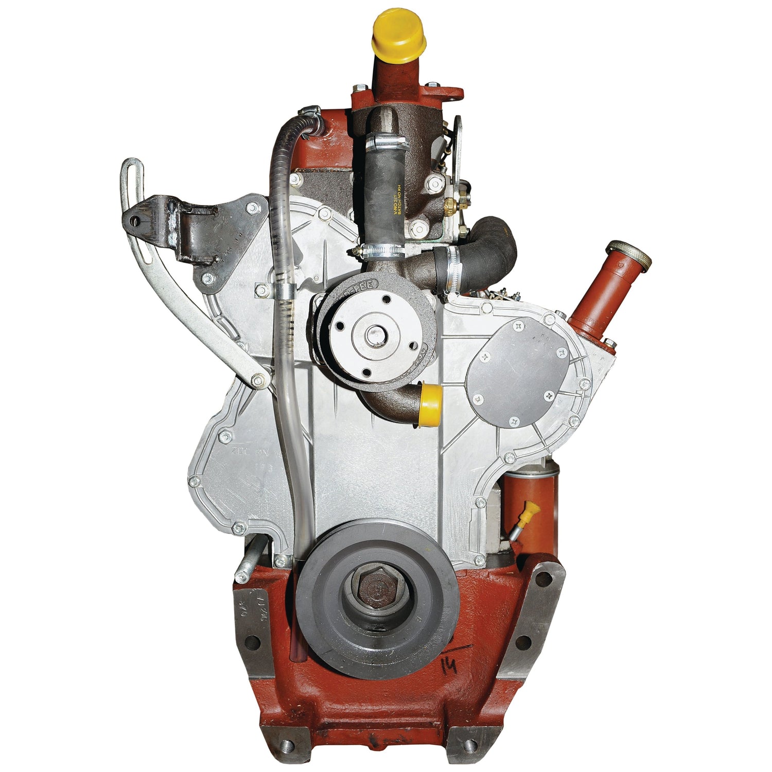 A Sparex Complete Engine: AD3.152 (Lip Seal) - S.44103, featuring multiple attached components such as a flywheel, pipes, a pulley system, and a water pump, viewed from the front.