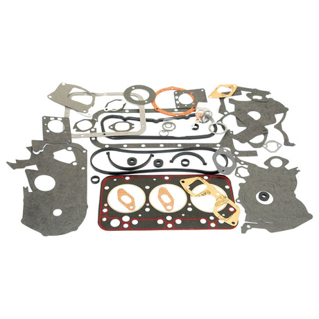 A complete set of Sparex-brand gaskets and seals, including head gaskets, valve cover gaskets, and various other sealing components suitable for Allis Chalmers 5040 and Fiat 450 models, is meticulously arranged on a white surface. The product is identified as the Complete Gasket Set - 3 Cyl. (8035.01) with Sparex Part No.S.62078.