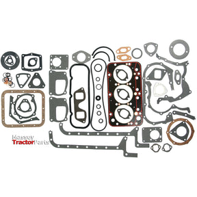 A collection of various tractor gaskets and seals arranged on a white background, featuring a label in the bottom left corner that reads "Massey Tractor Parts." This set includes items such as Sparex Complete Gasket Set - 3 Cyl. (8035.02, 8035.06), Bore Ø (mm): 100, with Sparex Part No.S.62080.