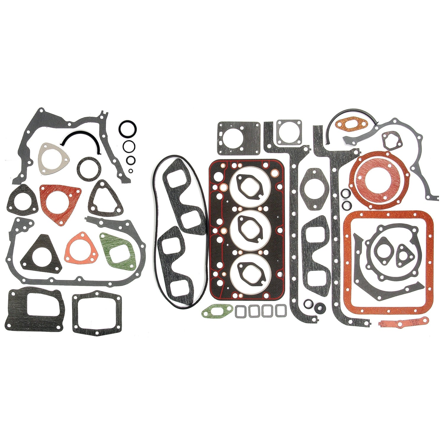 A variety of gaskets and seals, including the Complete Gasket Set - 3 Cyl. by Sparex (Part No.S.67189) and components from Universal Tractors, are displayed neatly in an organized layout with different shapes and colors—black, red, green, and silver.