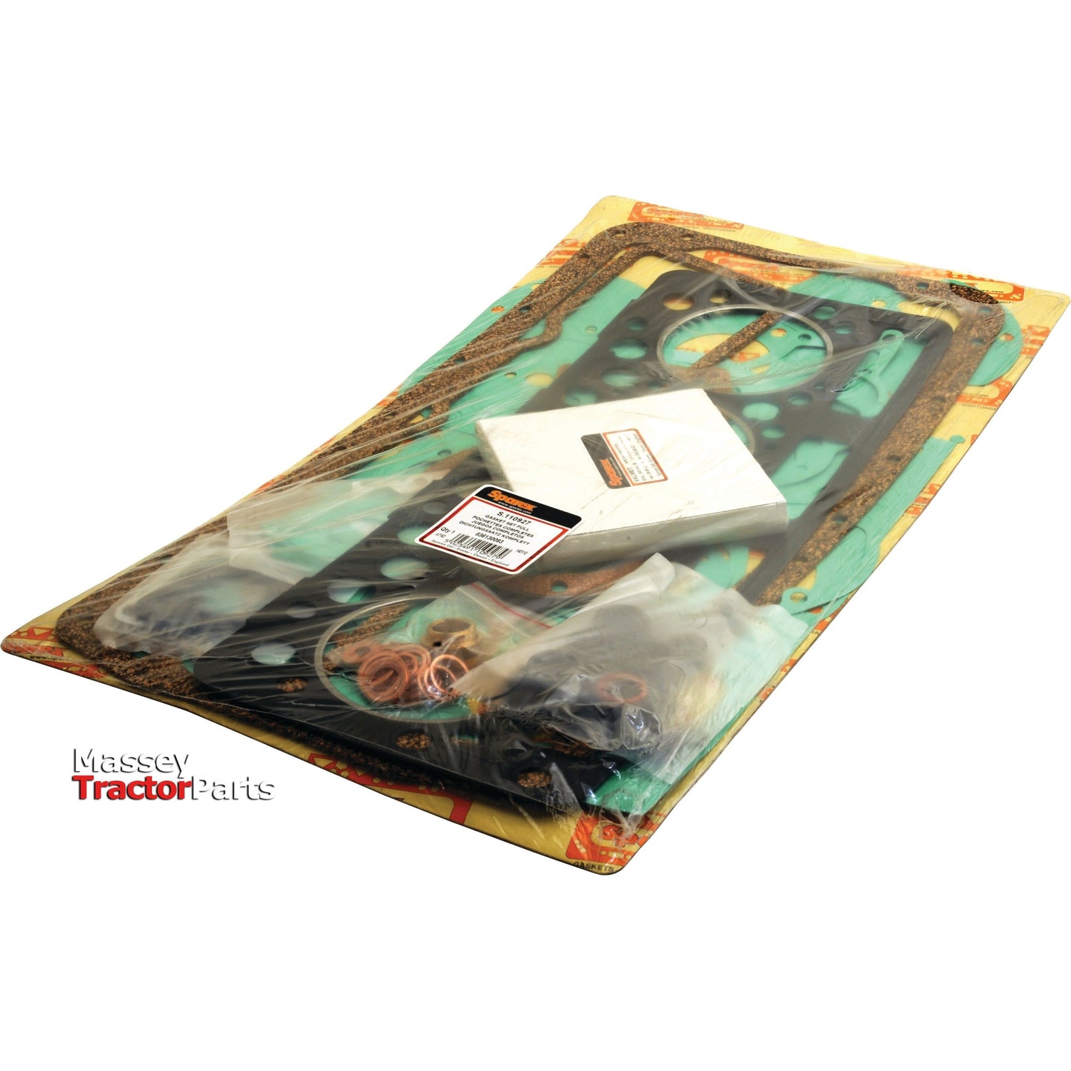 The Complete Gasket Set (411B, BS) from Sparex, identified by the part number S.110927, is neatly packaged in plastic. This kit includes various gaskets, seals, and small components for Sisu Diesel engines used in Valmet & Valtra tractors under the Massey Tractor Parts line.