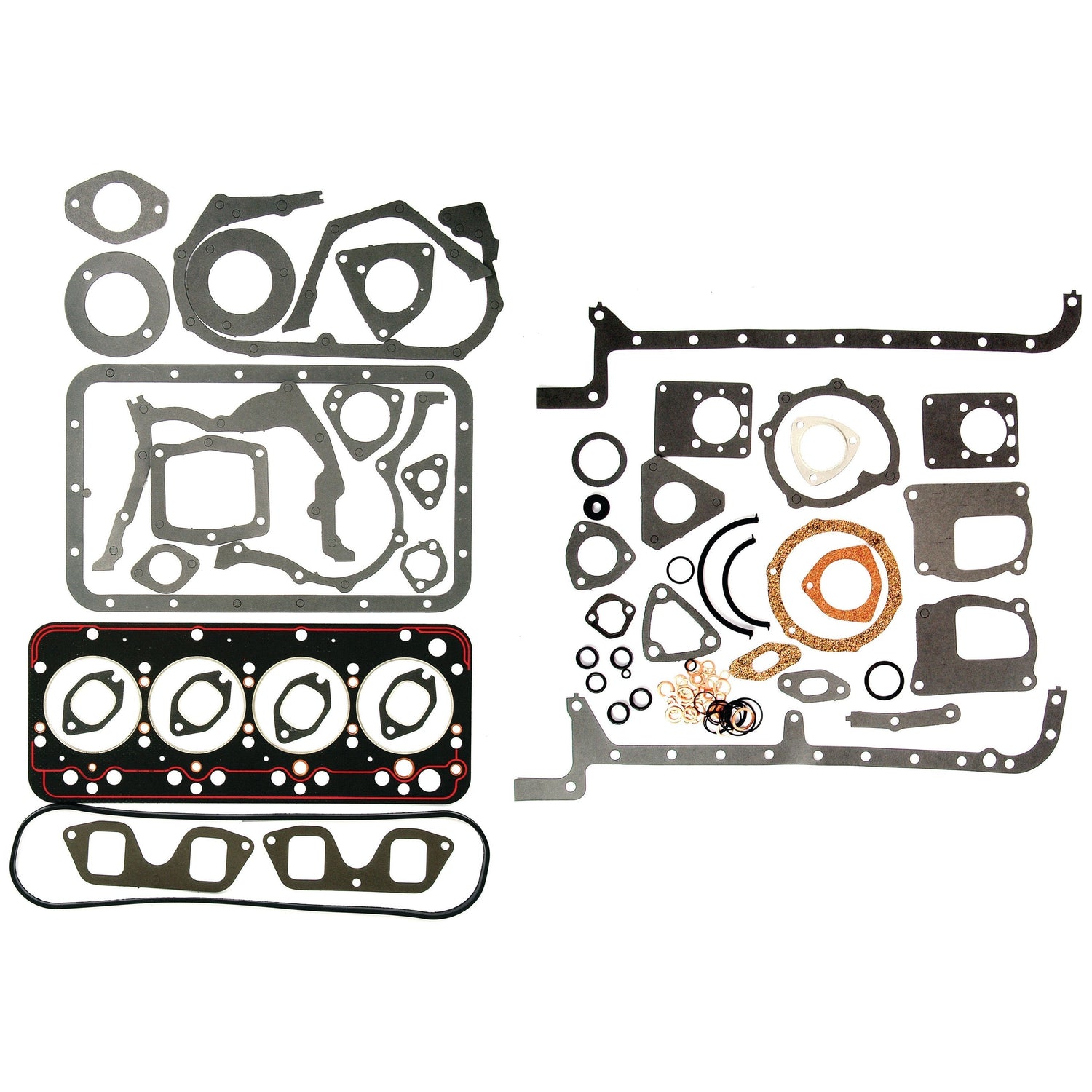 A Complete Gasket Set - 4 Cyl. (8035.04, 8035.05) by Sparex, arranged neatly against a white background, showcasing various gaskets and seals suitable for an engine, including options for the Fiat 600.