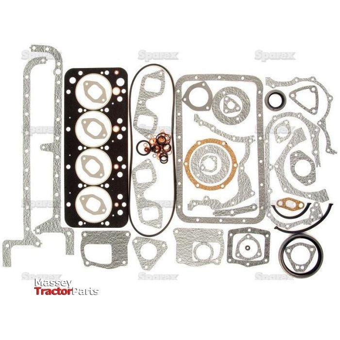 The Complete Gasket Set - 4 Cyl. (8045.04), Sparex Part No.S.62089, offers a full assortment of gaskets and seals for the Massey tractor's Engine Model 8045.04, meticulously arranged in rows and columns on a white background.
