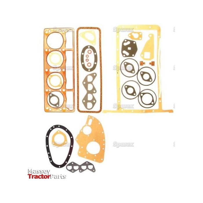 A variety of tractor gasket sets from Sparex Part No. S.42486 arranged on a white background. The Complete Gasket Set for 4-cylinder engines, including an 87mm set, features different shapes and sizes suitable for petrol engines and various components. The image includes a logo for Massey Ferguson Tractor Parts by Sparex.