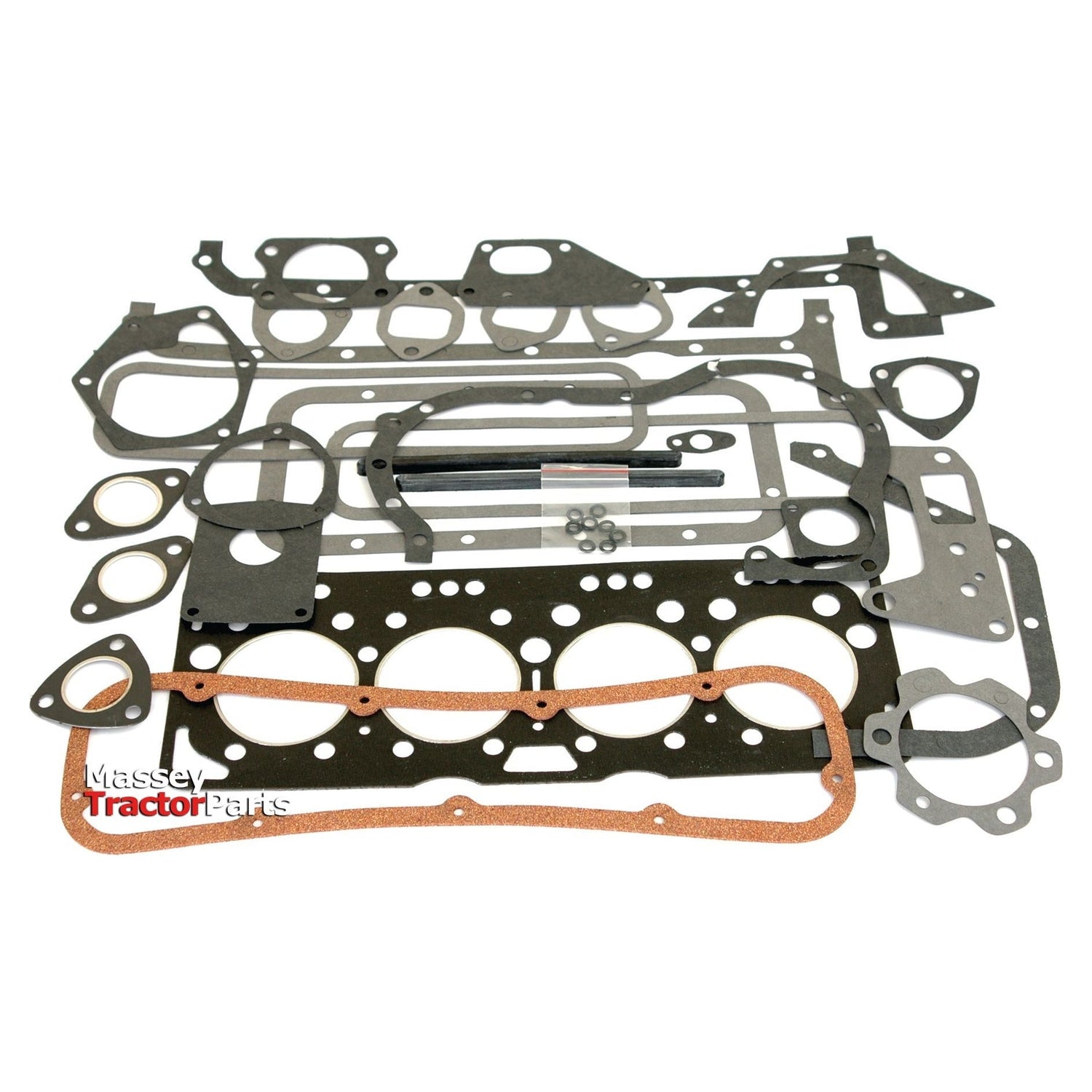 The Complete Gasket Set - 4 Cyl., branded by Sparex (Part No. S.59065), meant for Fiat 411R or Fiat 415 tractor engines, is displayed on a white background, showcasing an array of gaskets in various shapes and sizes along with bolts.