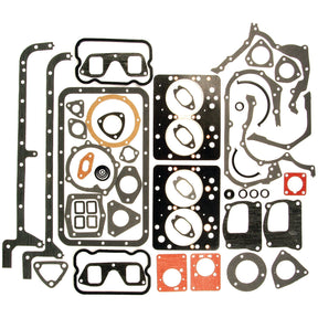 A uniformly arranged assortment of gaskets and seals in various shapes and sizes from the Complete Gasket Set - 4 Cyl., Sparex Part No. S.59193, designed for Universal Tractors, displayed on a white background.