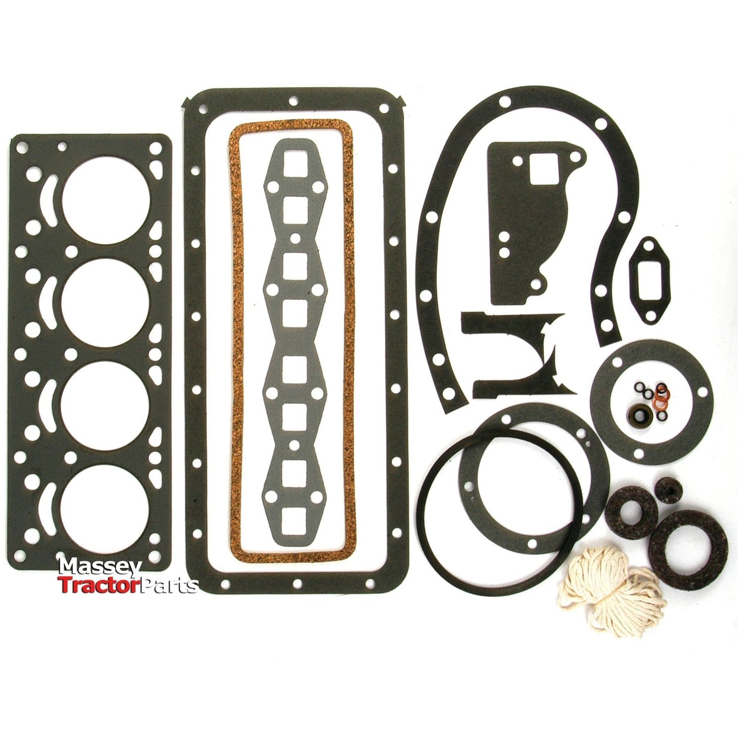 A set of Sparex tractor engine gaskets and seals displayed on a white background. The image shows various shapes and sizes of gaskets, seals, and O-rings. Text on the image reads "Massey Tractor Parts - Ideal for 4 Cyl Massey Ferguson engines | Complete Gasket Set - 4 Cyl. | Sparex Part No.S.61501.