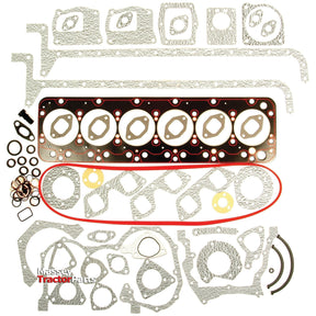 A collection of various tractor gaskets and seals, including head gaskets, O-rings, and other components arranged on a white background. The text "Massey Tractor Parts" is visible in the lower left corner along with a label indicating it as the Sparex Complete Gasket Set - 6 Cyl. (8065.06) for Fiat 100-90 tractors, identified by Sparex Part No.S.62109.