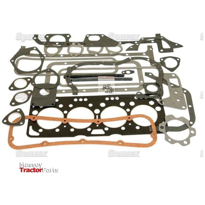 A set of assorted tractor engine gaskets and seals arranged on a white background, featuring the "Massey Tractor Parts" logo in the bottom left corner. This Complete Gasket Set - 4 Cyl., Sparex Part No.S.59065 is suitable for models like Fiat 411R and Fiat 415.