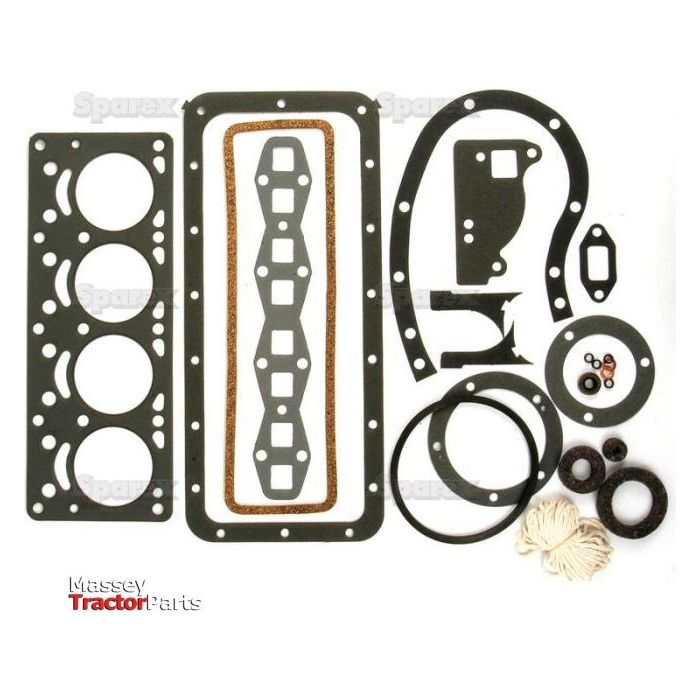 A set of assorted tractor gaskets and seals, including circular, rectangular, and irregularly shaped pieces, displayed on a white background with the "Sparex" logo in the corner. Perfect for maintaining your Massey Ferguson or Sparex Cylinder 4 Cyl engine. Product Name: Complete Gasket Set - 4 Cyl., Sparex Part No. S.61501.
