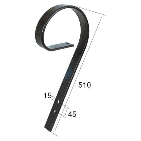 The Complete Tine Replacement for Vaderstad, a high-quality product from Sparex with part number S.78039, features a black metal bracket with a curved top. It measures 510 mm in length, 45 mm in width at the base, and narrows to 15 mm at the top section. The bracket includes two pre-drilled holes for easy mounting and serves as an essential component for Vaderstad machinery.