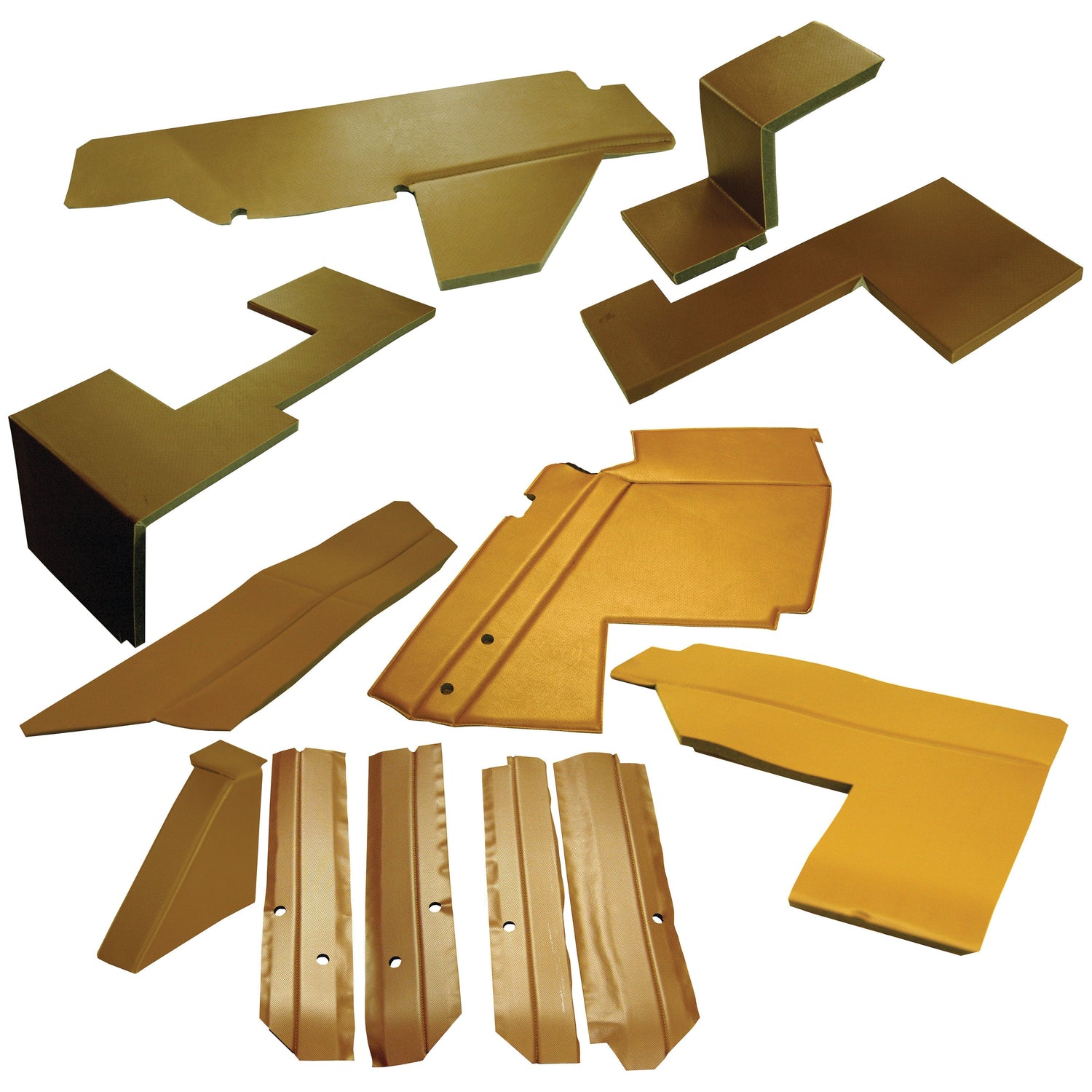 A collection of variously shaped, flat, brown metal or plastic pieces arranged on a white background, potentially parts for a larger assembly, possibly from the Complete Trim Kit by Sparex (Part No. S.101498).