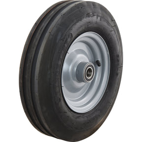 The Sparex Complete Wheel, 3.50 - 8, 8'', 4PR, 3 Rib - S.21396, featuring a black rubber tire with a 3 Rib pattern and a silver metal rim with central bearing, is shown against a white background.