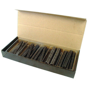A Sparex display box marked as Part No. S.11870 is open, revealing several compartments filled with identical black compression springs arranged in rows, each featuring a wire diameter of Ø0.91 - 3.25mm and a spring diameter ranging from Ø8 - 25mm. The box contains a total of 45 pieces of these compression springs under the brand name Sparex.