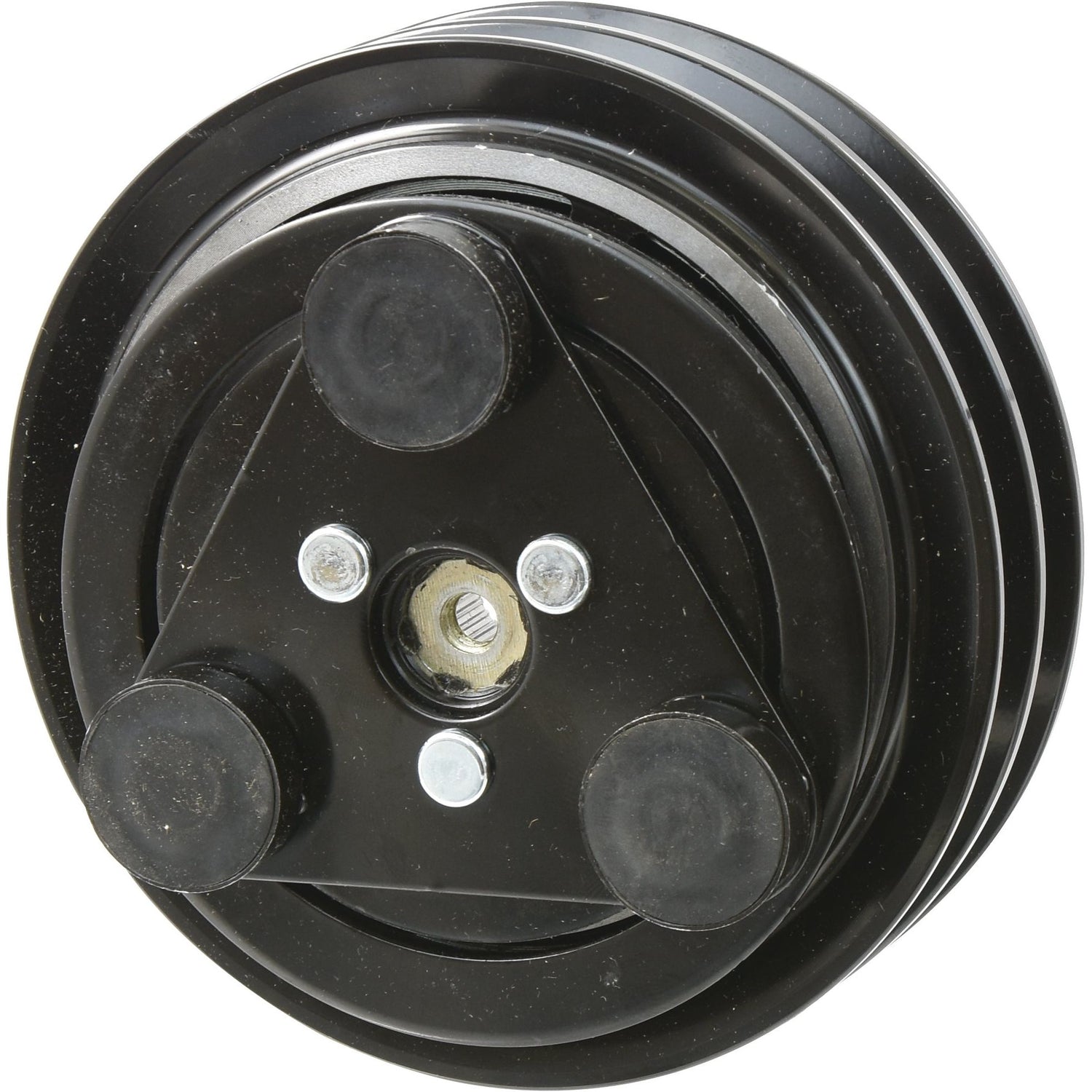 A Sparex black metal automotive pulley under the product name Compressor Clutch - S.137893, featuring three circular protrusions and a central bolt, suitable for various engine configurations.