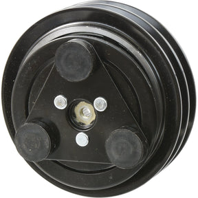 A Sparex black metal automotive pulley under the product name Compressor Clutch - S.137893, featuring three circular protrusions and a central bolt, suitable for various engine configurations.