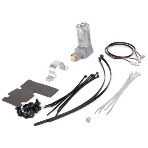 Assorted electrical parts, such as a motor, wires, zip ties, and small connectors, are arranged on a white background. This collection is perfect for maintaining equipment like the Fendt - Compressor - F930500030150 by AGCO or Massey Ferguson tractors.