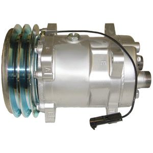 The Sparex Compressor (SD508HD) - S.106708 is a silver automotive air conditioning compressor featuring two pulley wheels on one end and an attached black electrical connector, designed to be suitable for various vehicle models.