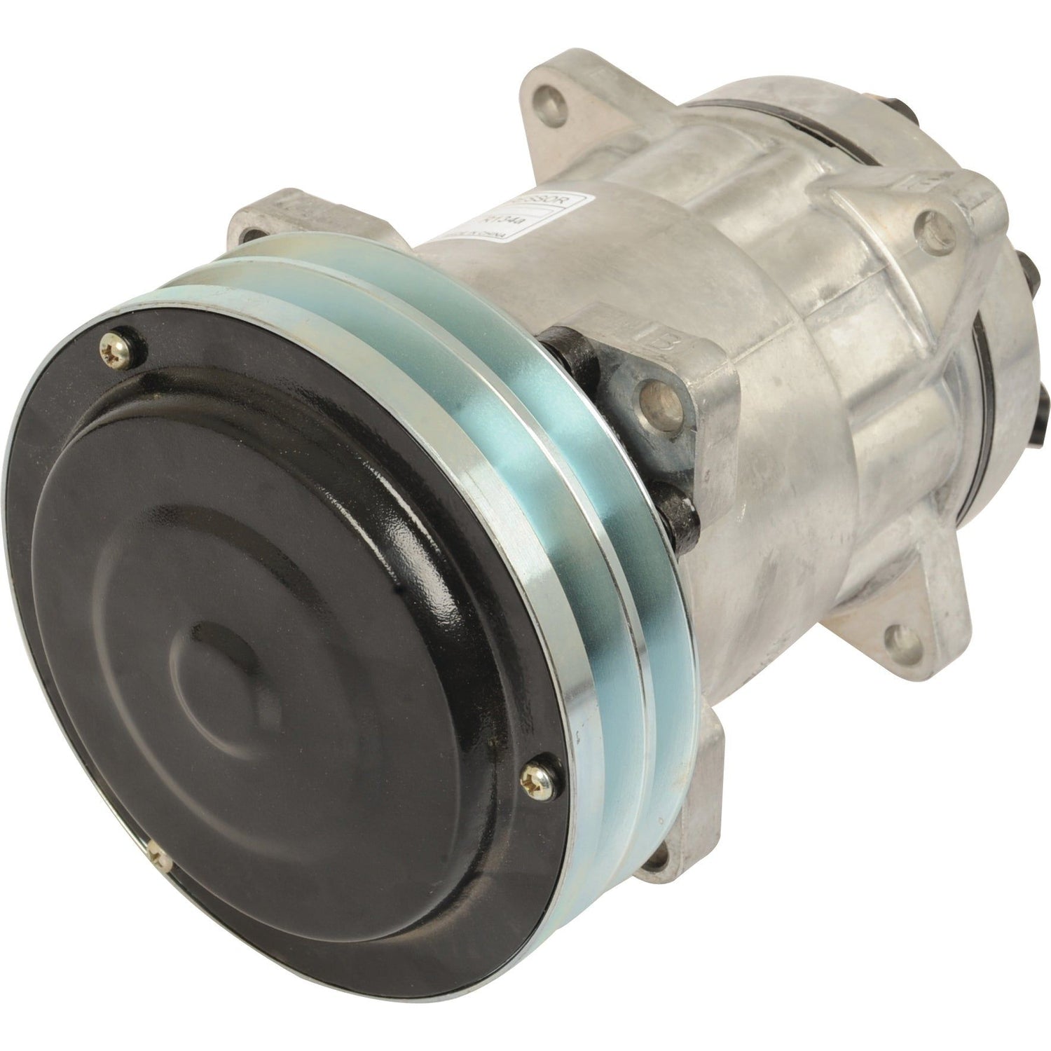 The Compressor (SD7H15SHD) - S.106720 by Sparex is a metallic cylindrical device featuring mounting brackets on the sides and a circular, black-finished end. Designed for automotive or industrial use, it could serve as an air compressor or pump. A detailed examination and review of its manufacturing information might offer additional insights into its functionalities.