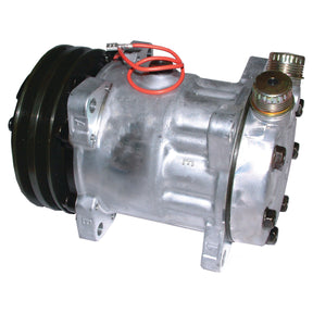 A Sparex Compressor (SD7H15) - S.106718, featuring a black pulley and two red electrical wires, is displayed against a white background. Designed for a wide range of vehicle models, it includes detailed manufacturing information to ensure compatibility and ease of installation.