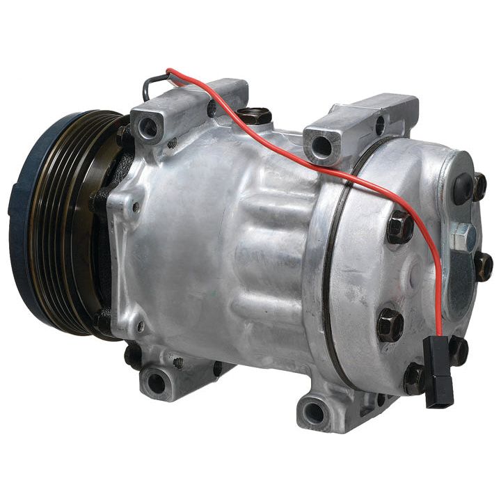 The Compressor (SD7H15) - S.106725 by Sparex is a metal cylindrical automotive compressor featuring a black pulley on one end and a red wire attached on the side, making it suitable for various vehicle models.