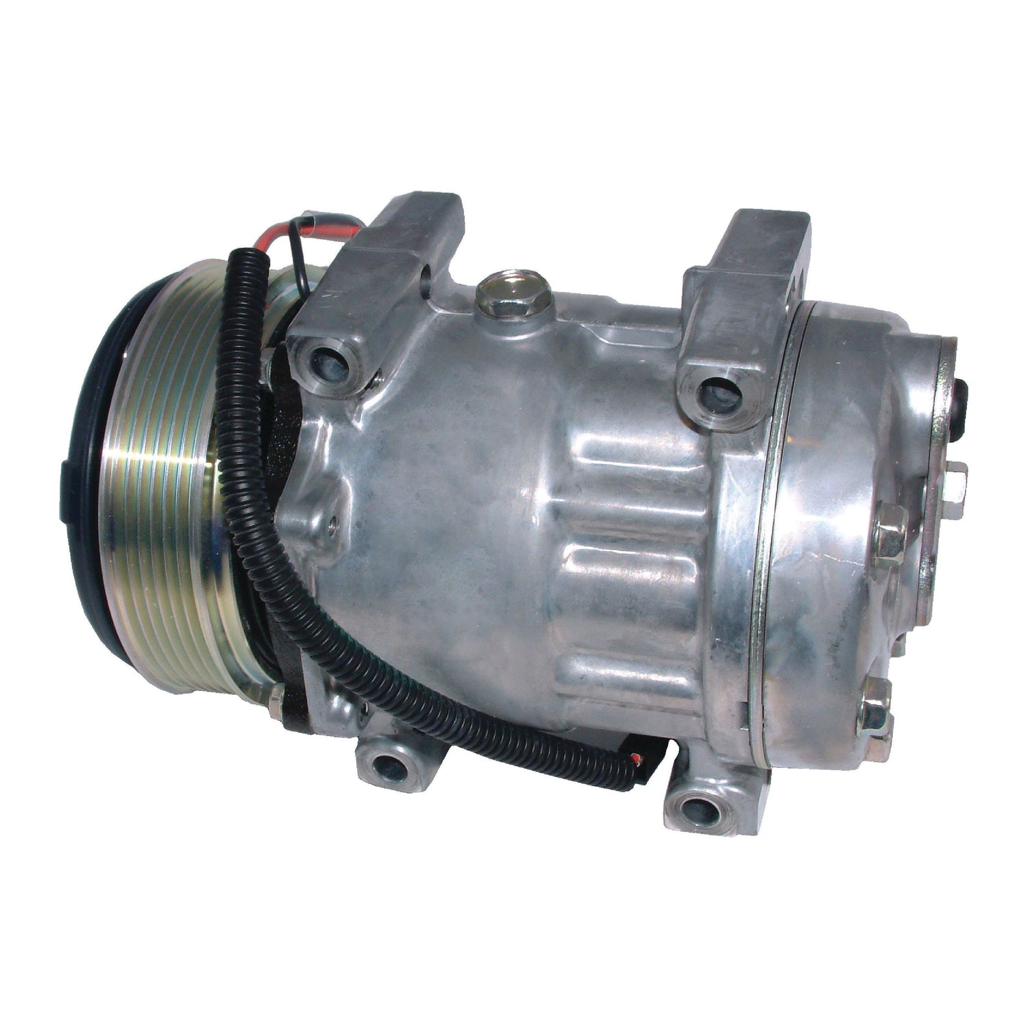 A close-up view of the Sparex Compressor (SD7H15) - S.106726, highlighting its cylindrical shape, electrical connections, and pulley system. The design exhibits high-quality manufacture suitable for various vehicle models.