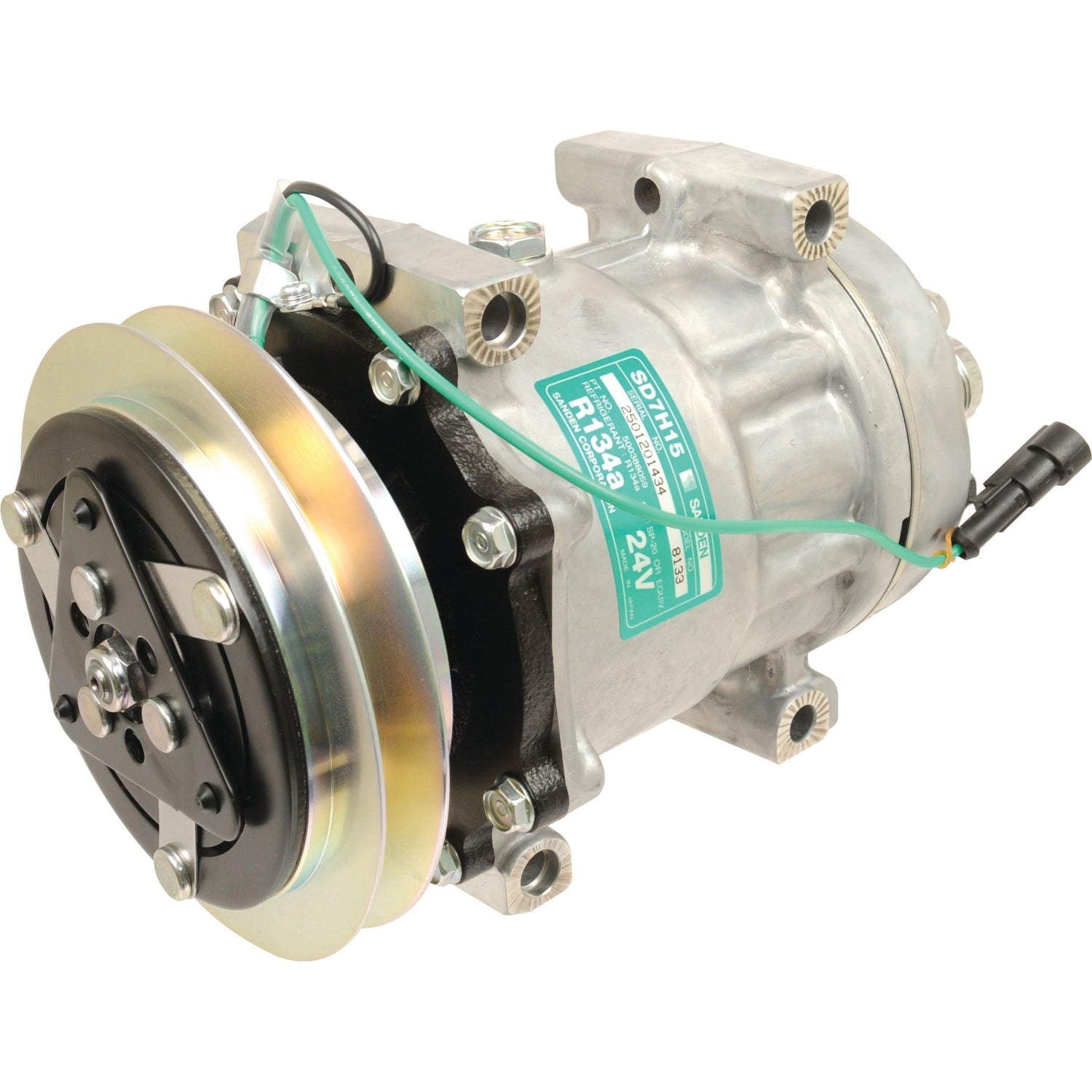 The Sparex Compressor (SD7H15) - S.112553 is a metal automotive part featuring a cylindrical body, flange, wiring, and connectors, identified by a green label reading "24V." Suitable for various models, this part comes with detailed manufacture information to ensure easy installation.