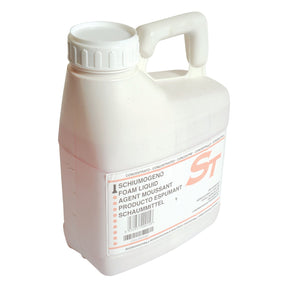 A 5-liter white plastic container with a handle and screw cap, labeled "Concentrated Foam Liquid" in multiple languages. The label includes the abbreviation "ST" and the word "Concentrate". Ideal for use with Sparex cleaning solutions. Product Name: Concentrated Foam Liquid 5ltr | Sparex Part No.S.72215 by the brand Sparex.