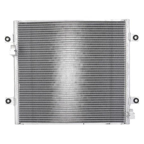 A Massey Ferguson condenser, product code 4292045M5 by AGCO, featuring a rectangular shape with fine horizontal fins and side mounting points, designed for use in vehicles.