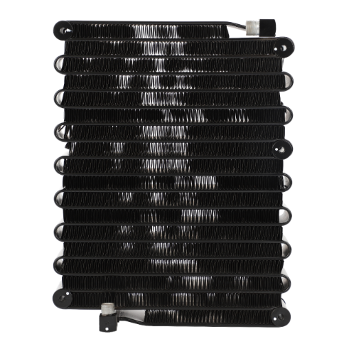 A black aluminum transmission oil cooler with a coiled tube design, compatible with Fendt Models, mounted between two vertical support bars, available as the Fendt - Condenser - H718551060100 by AGCO.