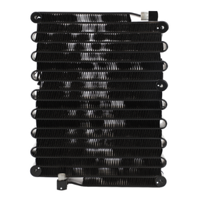 A black aluminum transmission oil cooler with a coiled tube design, compatible with Fendt Models, mounted between two vertical support bars, available as the Fendt - Condenser - H718551060100 by AGCO.