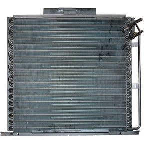 A front view of the Condenser - S.106681 by Sparex, showcasing a rectangular design with horizontal metal fins and coiled tubes, featuring attached pipes on the right side. The primarily black condenser, suitable for various vehicles, offers detailed product specifications for informed purchasing.