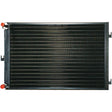 The Sparex Condenser - S.106684 is a black automotive radiator featuring metal fins and red end caps, suitable for a range of vehicle models. For detailed manufacturing information, please refer to the included documentation.