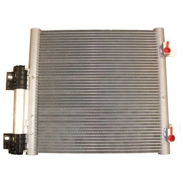 Image of the Condenser - S.118239 by Sparex, featuring an aluminum cooling core, plastic side tanks, and two red valve caps on the top right.